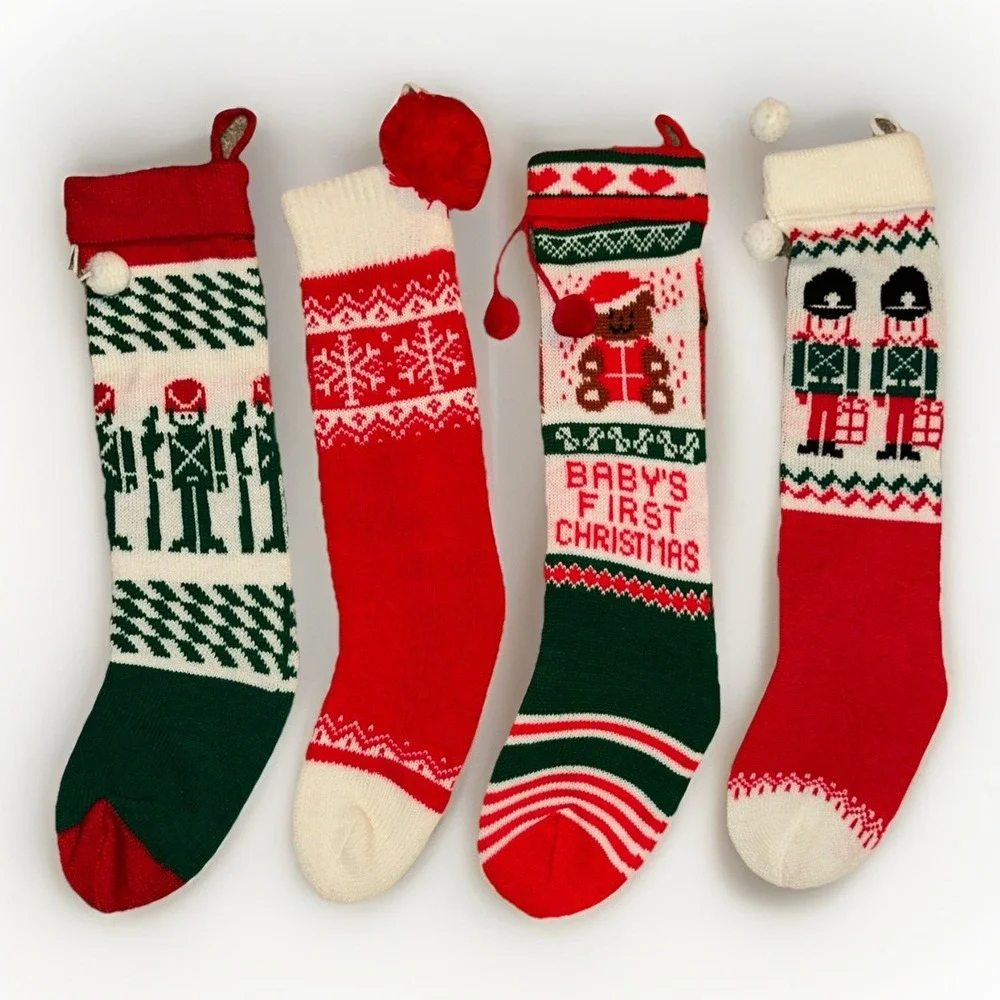 Vintage Knit Sweater‎ Style Christmas Stockings Lot of 4 Red Green White Kitschy